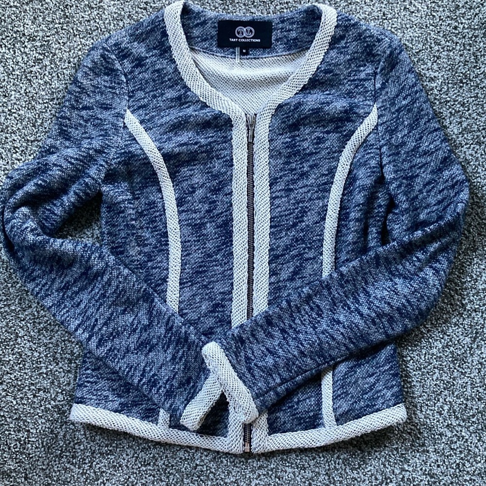 Tart Collections Blue and White Cardigan with Elegant Trim